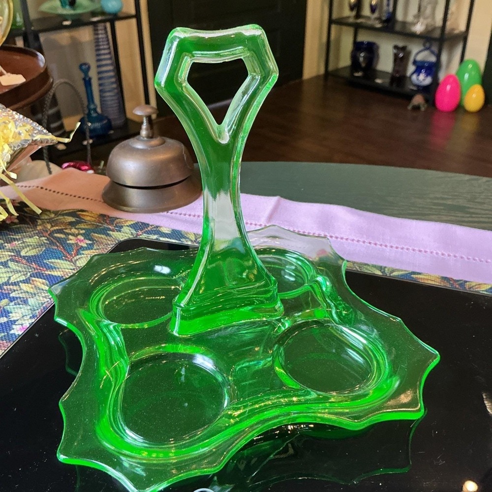 Antique Cambridge Glass Decagon Bridge Set Tray, Uranium Green Glass